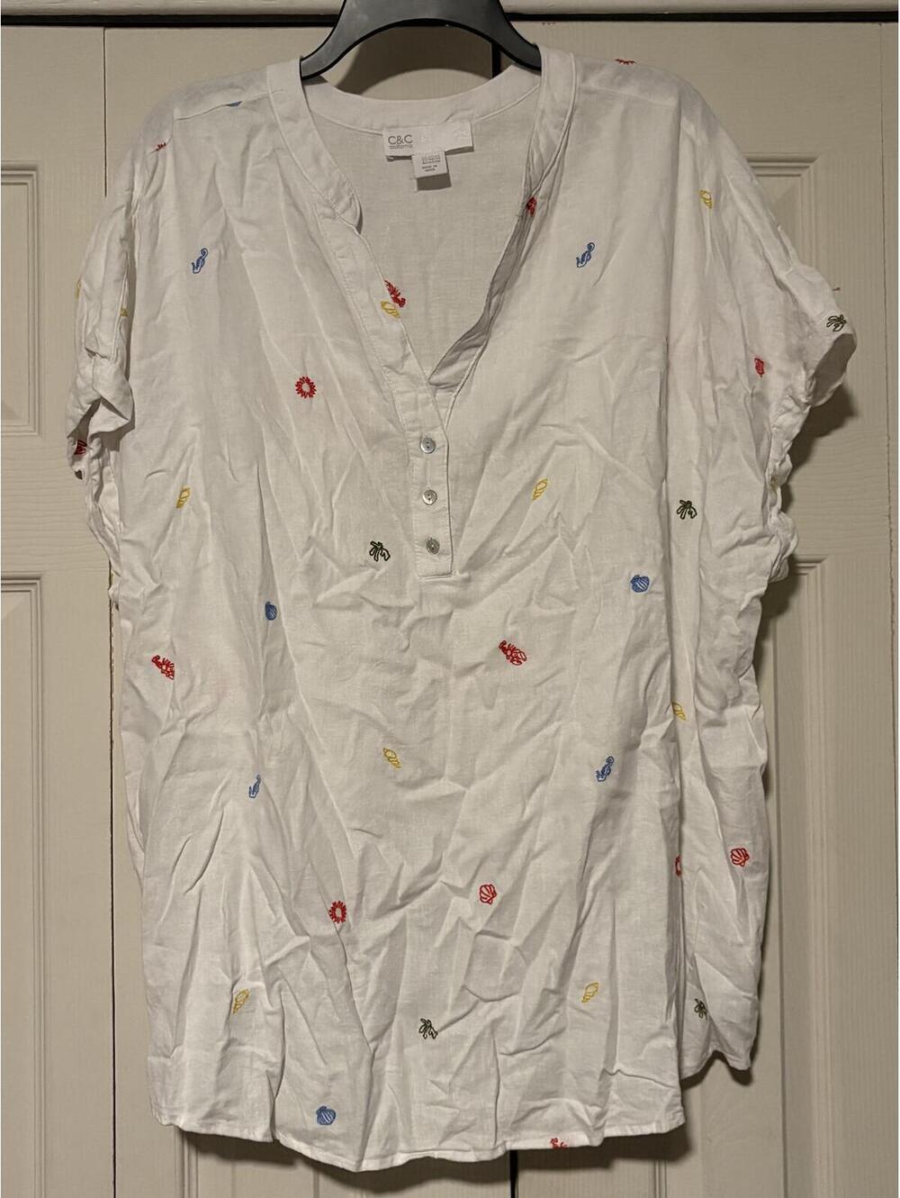 C&C California Linen Blend Embroidered Sea Life Tunic Top White Coastal Beach